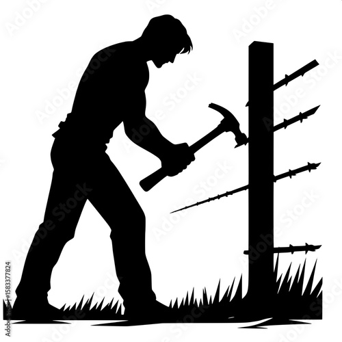 Black and White Vector Silhouette of a Man Fixing Fence Post
