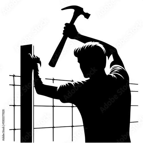 Black and White Vector Silhouette of a Man Fixing Fence Post