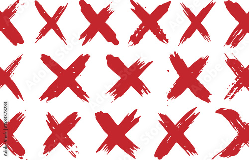Collection of fifteen red hand drawn brush stroke x marks and check marks isolated on transparent background