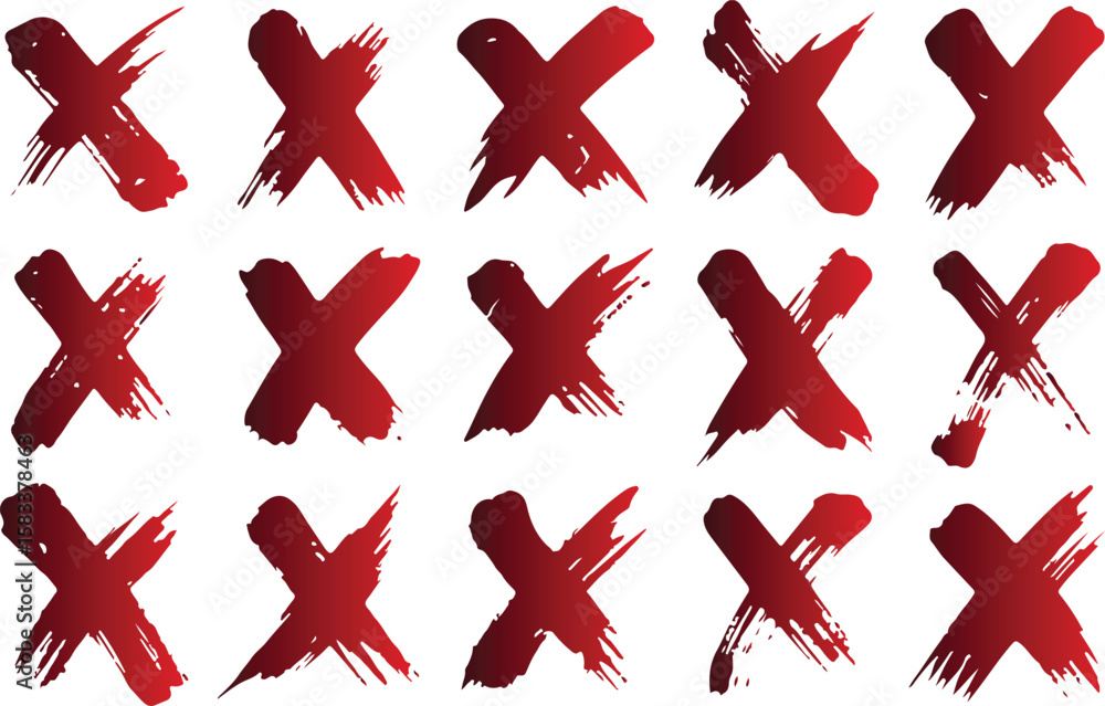 Fototapeta premium Collection of fifteen red brush stroke x marks isolated on transparent background for design elements