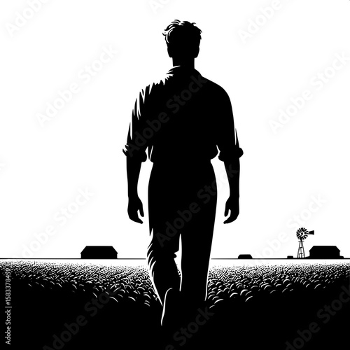 Black and White Vector Silhouette of a Man Walking Through Field