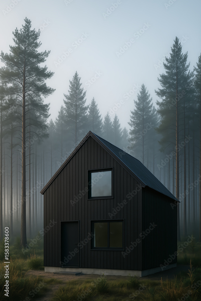 Obraz premium Modern black cabin standing quietly in foggy pine forest at dawn