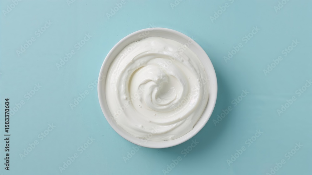 Smooth Greek yogurt and whipped cream flowing on a blue canvas Smooth Greek yogurt and whipped cream flowing on a blue canvas
