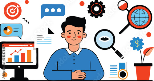 A collection of dynamic illustrations representing Search Engine Optimization (SEO), featuring magnifying glasses, web elements, and graphs to convey digital marketing strategies and online visibility
