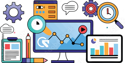 A collection of dynamic illustrations representing Search Engine Optimization (SEO), featuring magnifying glasses, web elements, and graphs to convey digital marketing strategies and online visibility