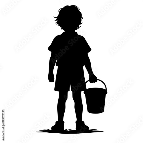 Black and White Vector Silhouette of a Boy Carrying Water Bucket
