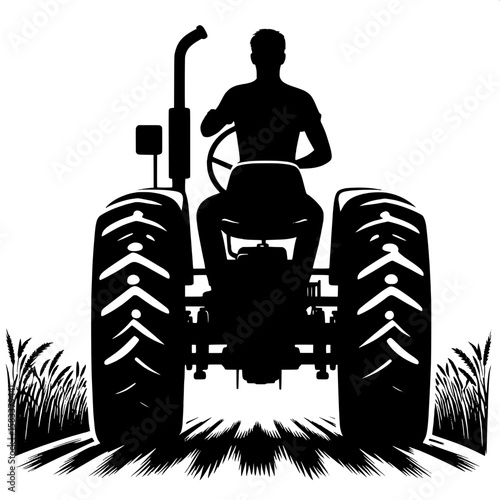 Black and White Vector Silhouette of a Farmer Driving Tractor