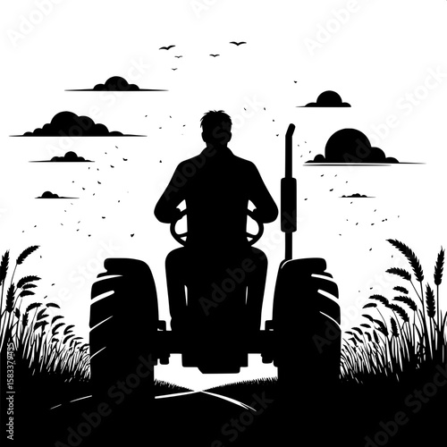 Black and White Vector Silhouette of a Farmer Driving Tractor