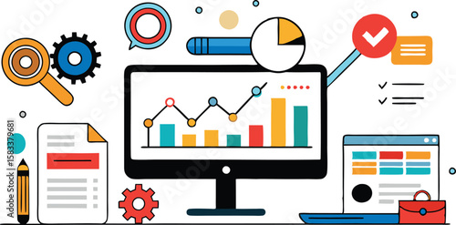 A collection of dynamic illustrations representing Search Engine Optimization (SEO), featuring magnifying glasses, web elements, and graphs to convey digital marketing strategies and online visibility