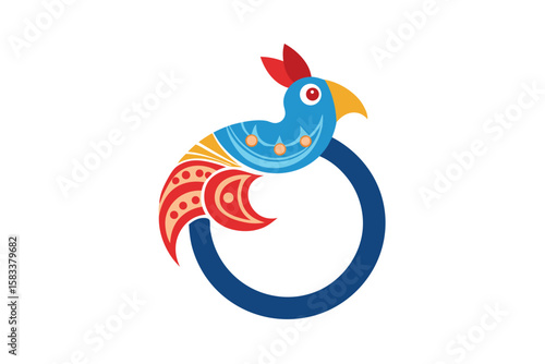 Paisley ring with talking parrot centerpiece vibrant avian vector art illustration