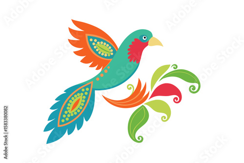 Parrot flying over paisley garden motif vibrant nature vector art illustration