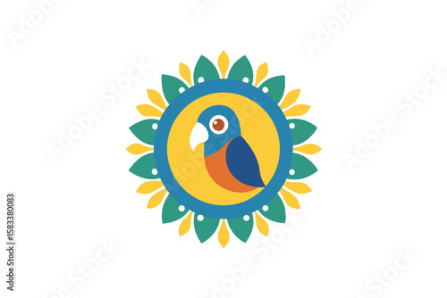 Parrot in center of radiant paisley circle vibrant avian vector art illustration