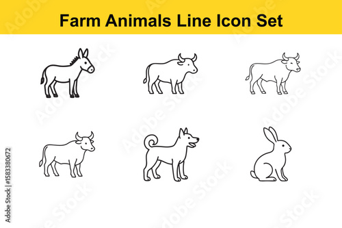 Collection of Farm Animals Line Icons Donkey Cow Bull Dog and Rabbit on a White Background