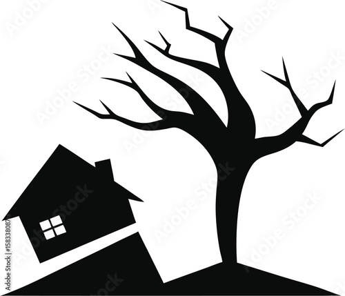 House and Bare Tree Illustration Symbolic Artwork of Loss and Change