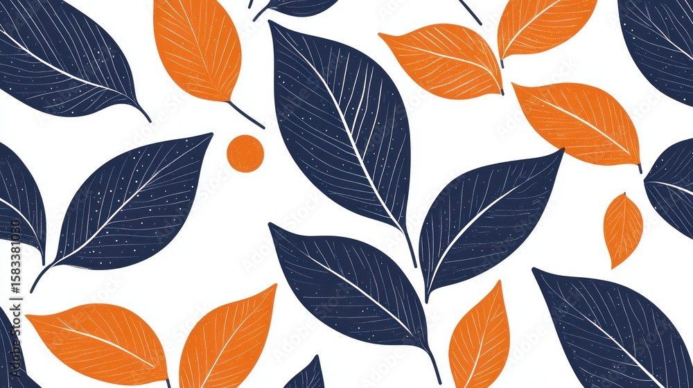 Obraz premium Seamless pattern with dark blue and orange leaves on white background.