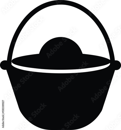 Vector illustration of a metal cooking pot with a lid and handle, suitable as an empty food or water container icon