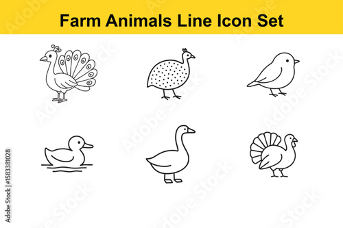 Farm Animals Line Icon Set Featuring a Peacock Guinea Fowl Bird Duck Goose and Turkey