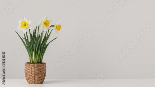 Basket of flowering double daffodils beside empty spaces on a gray surface. Text area available. Suitable for cover or banner backgrounds.