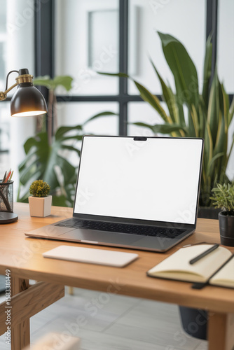 A cozy home office setup with a laptop and plants on a wooden desk