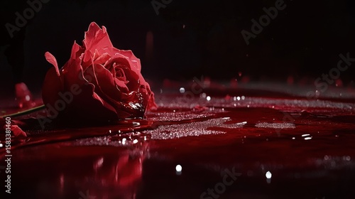Fototapeta Naklejka Na Ścianę i Meble -  A single red rose lies in a pool of blood, petals scattered around it.