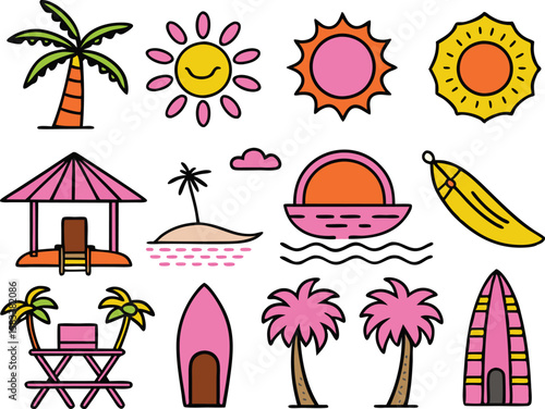 Tropical beach vacation elements in a fun cartoon silhouette style