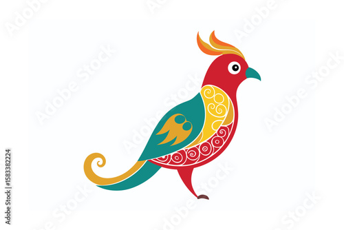 South Asian style parrot with ethnic paisley swirls vibrant avian vector art illustration