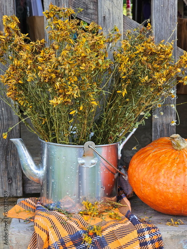 Still life with pumpkin and bouquet of dried flowers on wooden background