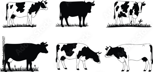 Silhouette illustration of six cows in varied grazing and walking positions in a rural farmland scene
