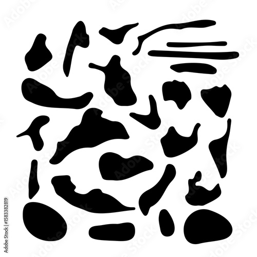 Bundle of black abstract organic shape blots isolate on white background. Moncohrome cutout elements collection for collages.