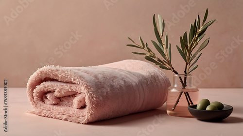 Aesthetic spa scene with a neatly rolled blush pink towel and olive twig on a pastel pink background. Soft shadow, warm natural lighting, and minimal composition. Ideal for luxury self-care branding, 