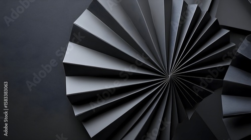 Wallpaper Mural Artistic Black Folded Paper Fan in Abstract Geometric Composition, Modern Abstract Black Paper Fan with Bold Textures and Shadows, showcasing dynamic shapes and unique textures. for contemporary art Torontodigital.ca