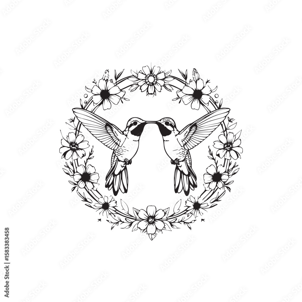 Obraz premium Two hummingbirds meet in a floral wreath, a detailed black and white drawing capturing the beauty of nature