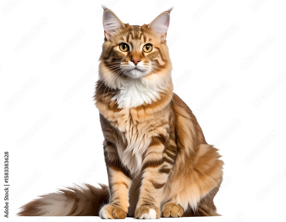 Obraz premium A majestic Maine Coon cat with striking amber eyes sits gracefully looking forward