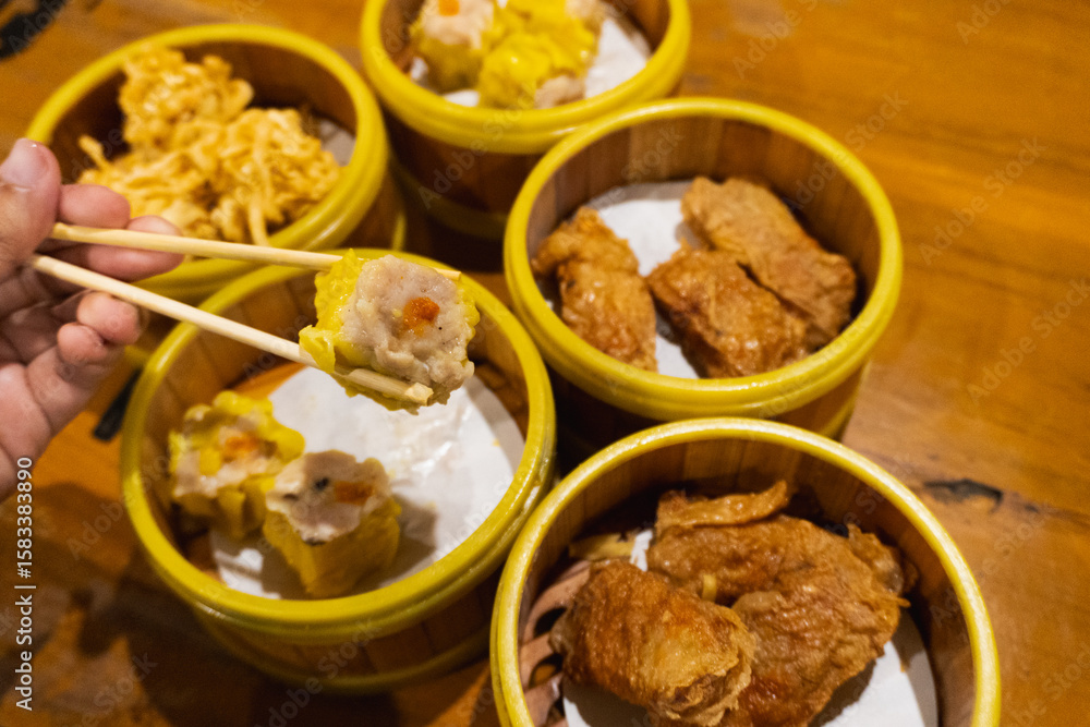 Fototapeta premium Dimsum is a typical Chinese food that is found in many Asian countries, made from chicken, fish or beef and a mixture of other ingredients.