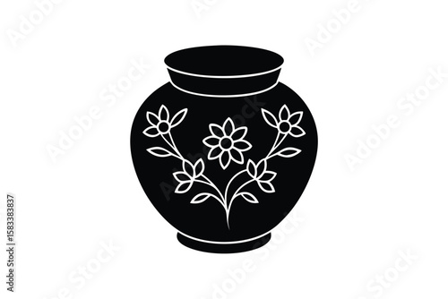 Traditional earthen pot with floral carving rustic charm vector art illustration