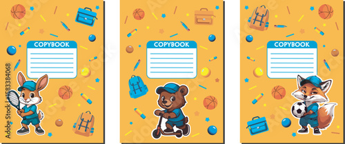 Three vibrant orange copybook covers for children, featuring cute cartoon animals playing sports (tennis, scooter, soccer) with scattered school supplies. Ideal for education and kids' themes.