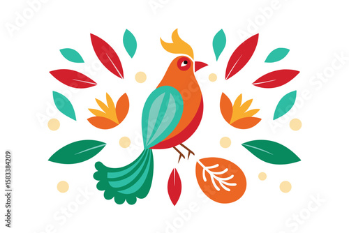 Tropical bird surrounded by paisley motifs and leaves vibrant avian vector art illustration