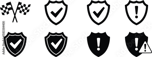 Icon set with checkered flag and shield symbols showing checkmarks and warning signs arranged in two neat rows