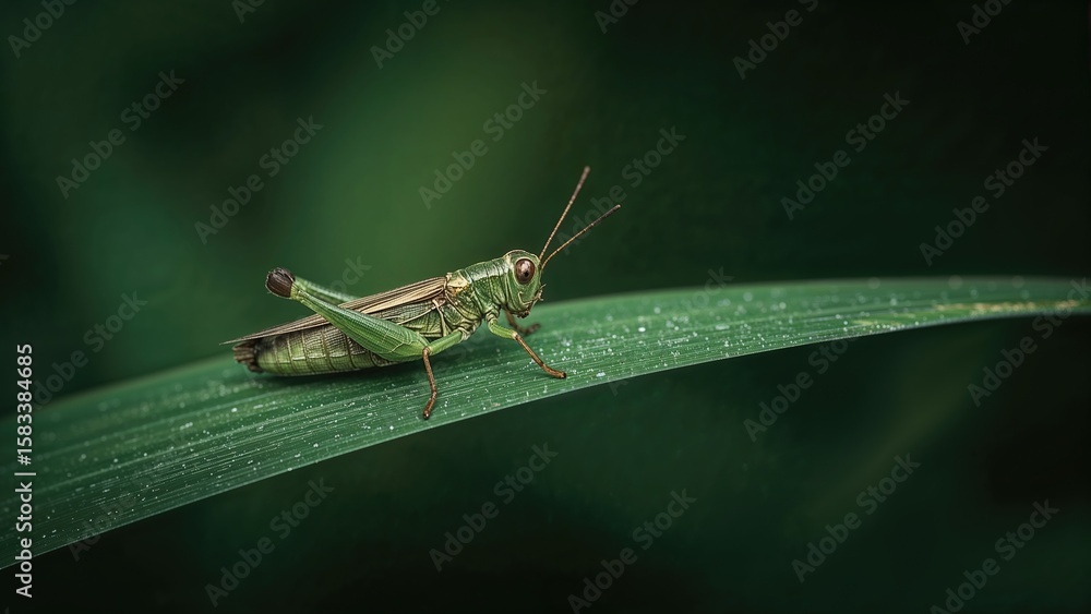 Fototapeta premium Green leaf hosting a grasshopper