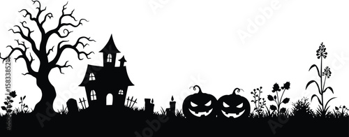 Spooky halloween silhouette with haunted house, gnarled tree, glowing windows, and jack-o'-lantern in tall grass