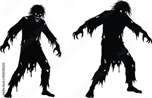 Halloween zombie silhouettes with decayed clothing, long spiky hair, raised arms, and eerie walking pose