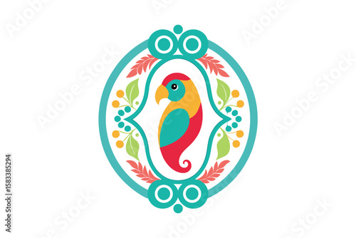 Vintage paisley frame with painted parrot inside retro avian vector art illustration