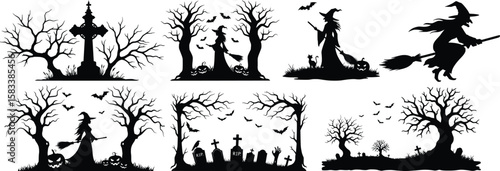 Halloween silhouette set with witches flying and standing, bats, gnarled tree, crescent moon, graveyard, party scene
