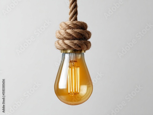 Vintage - style light bulb hanging from a unsophisticated rope against a minimalist white background .