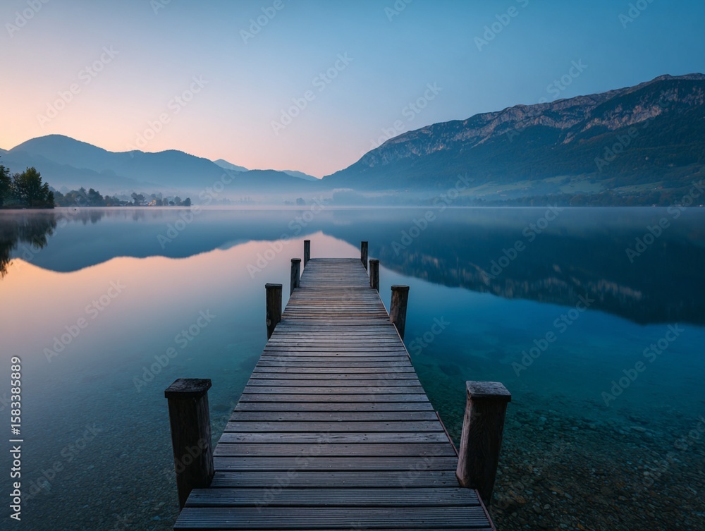 Fototapeta premium Scenic view of a tranquil lake with a wooden pier at sunrise , surrounded by misty mountains .