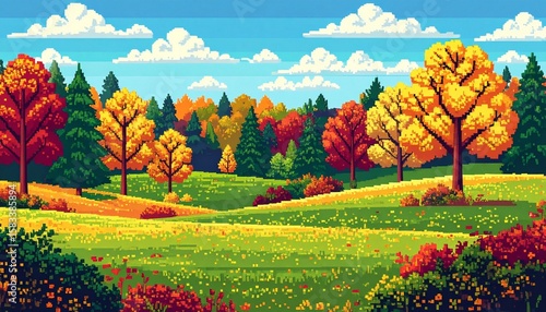 landscape with forest at the day features a cute cartoon pixelated cross