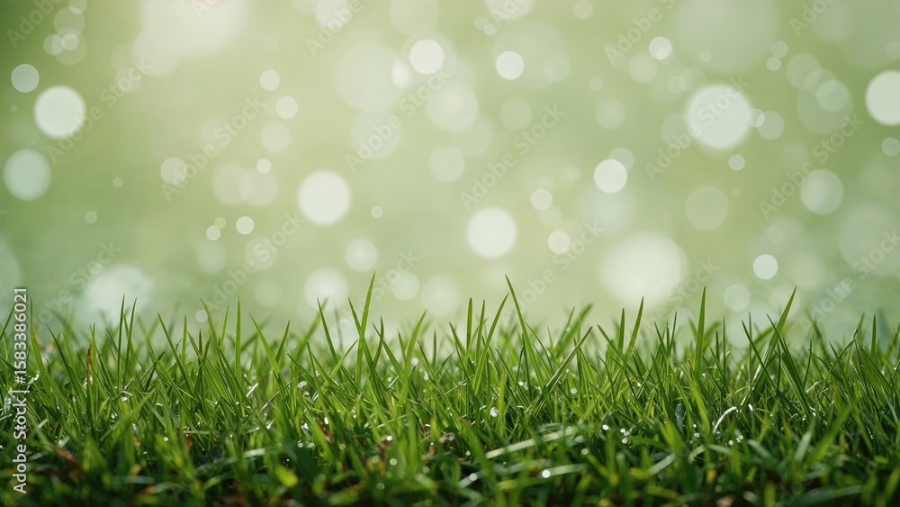 Fototapeta premium Bokeh style image featuring green grass covered in snow and a soft focus background