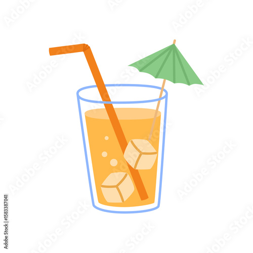 Orange juice in a glass with ice, isolated on white, vector.
