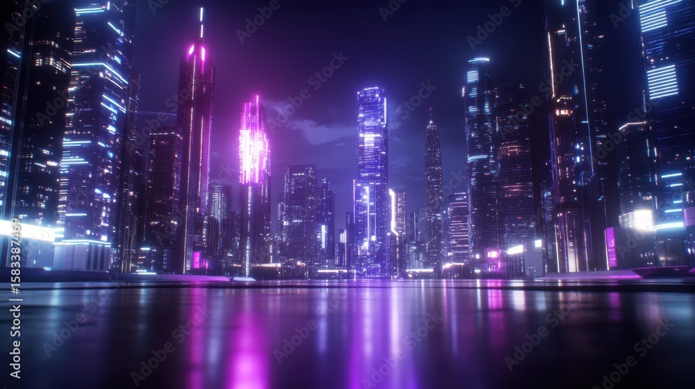 Obraz premium Vibrant futuristic city skyline with neon lights and reflections