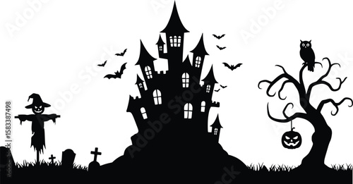 Spooky halloween silhouette scene featuring haunted house, bats, scarecrow, tree, and jack-o'-lantern decoration